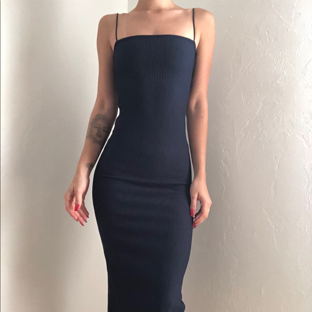 Topshop navy blue ribbed midi dress US2